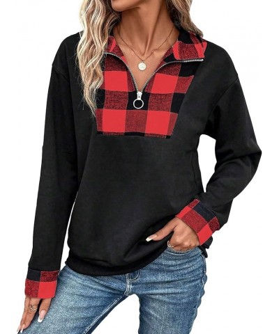 Women's Plaid Print Half Zip Collar Sweatshirt Long Sleeve Drop Shoulder Pullover Tops Black and Red $13.64 Hoodies & Sweatsh...