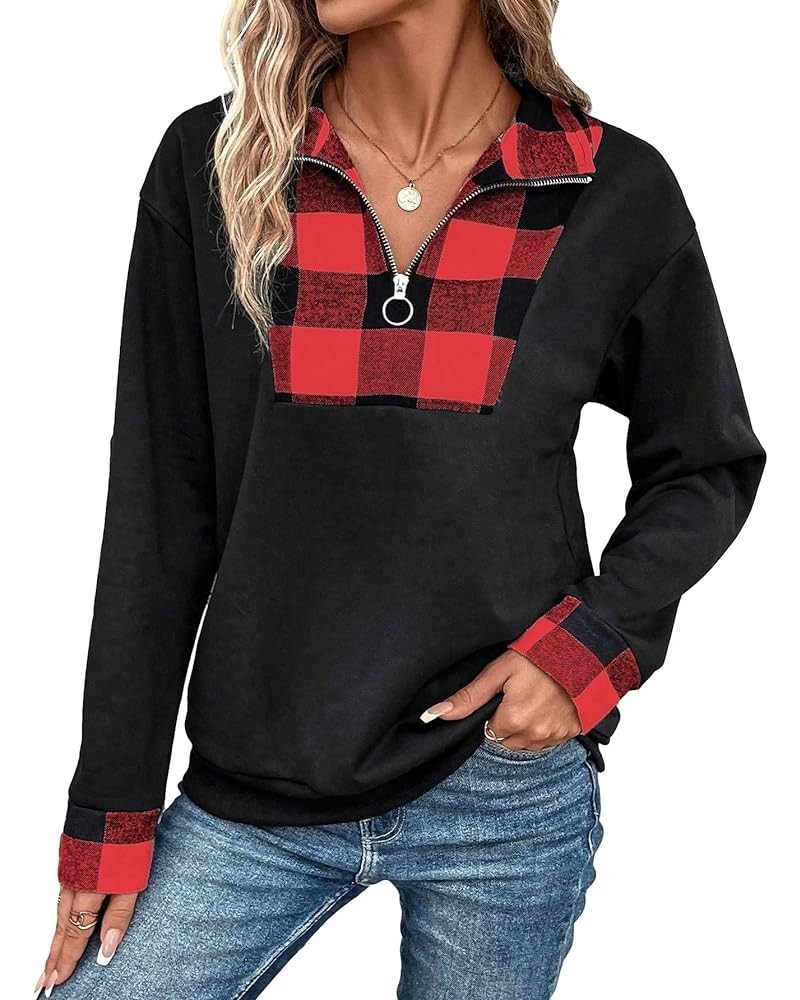 Women's Plaid Print Half Zip Collar Sweatshirt Long Sleeve Drop Shoulder Pullover Tops Black and Red $13.64 Hoodies & Sweatsh...