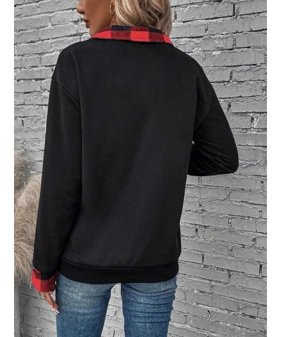 Women's Plaid Print Half Zip Collar Sweatshirt Long Sleeve Drop Shoulder Pullover Tops Black and Red $13.64 Hoodies & Sweatsh...