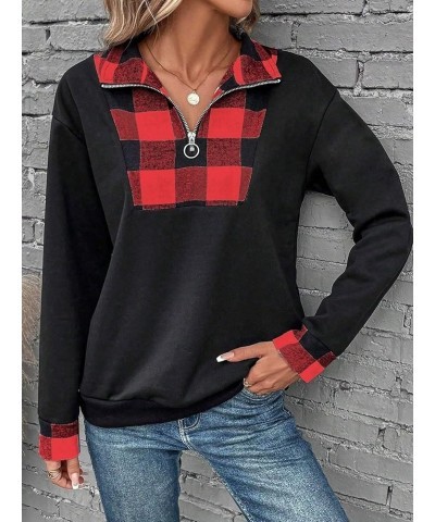 Women's Plaid Print Half Zip Collar Sweatshirt Long Sleeve Drop Shoulder Pullover Tops Black and Red $13.64 Hoodies & Sweatsh...