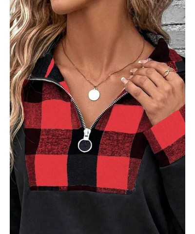 Women's Plaid Print Half Zip Collar Sweatshirt Long Sleeve Drop Shoulder Pullover Tops Black and Red $13.64 Hoodies & Sweatsh...