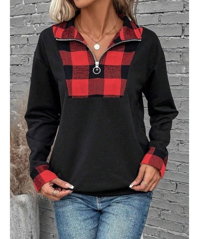 Women's Plaid Print Half Zip Collar Sweatshirt Long Sleeve Drop Shoulder Pullover Tops Black and Red $13.64 Hoodies & Sweatsh...