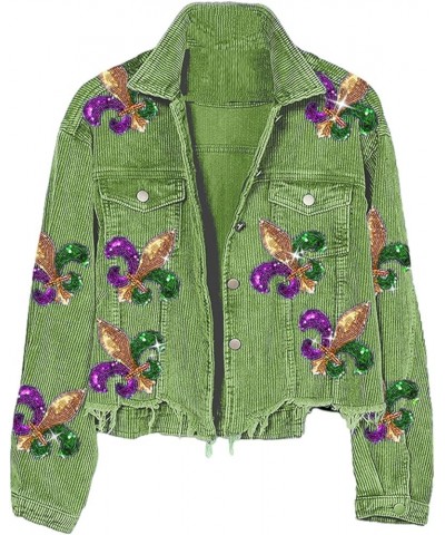 Women's Mardi Gras Sequin Jacket Fleur De Lis Cropped Corduroy Shacket Raw Hem Outwear Green $26.95 Jackets