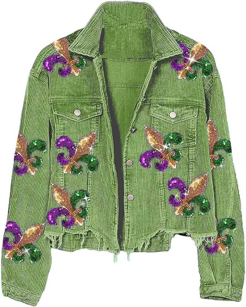 Women's Mardi Gras Sequin Jacket Fleur De Lis Cropped Corduroy Shacket Raw Hem Outwear Green $26.95 Jackets