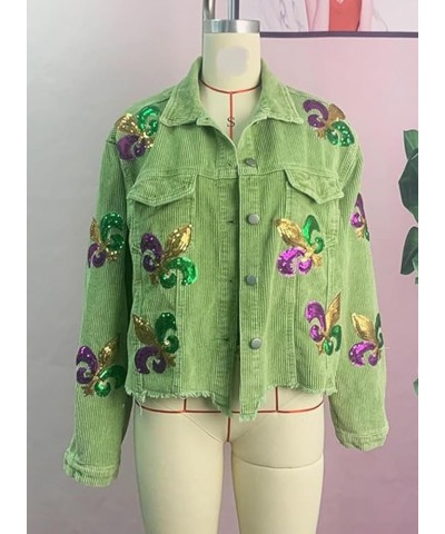 Women's Mardi Gras Sequin Jacket Fleur De Lis Cropped Corduroy Shacket Raw Hem Outwear Green $26.95 Jackets