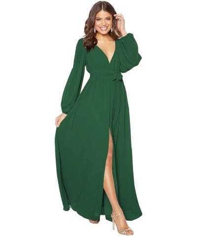 Women's Long Sleeve Bridesmaid Dresses with Slit Chiffon Simple V Neck Formal Party Dresses Evening Gown YJY61 Emerald Green ...