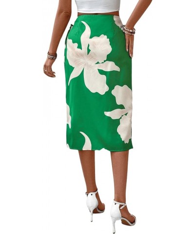 Women's Boho Tropical Print High Waist Knot Side Wrap Asymmetrical Hem Midi Skirts Green $19.13 Skirts