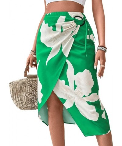 Women's Boho Tropical Print High Waist Knot Side Wrap Asymmetrical Hem Midi Skirts Green $19.13 Skirts