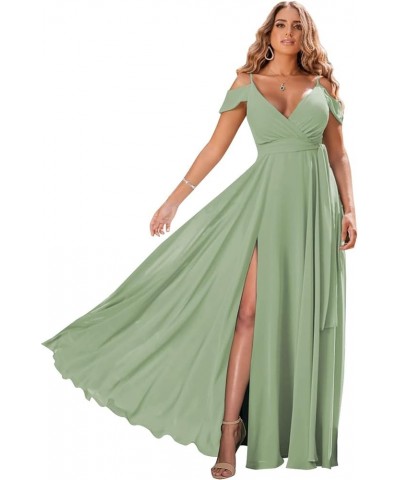 Women's Off Shoulder Long Bridesmaid Dresses Chiffon V Neck Formal Dress with Slit Wedding Party Gowns Sage Green $22.00 Dresses