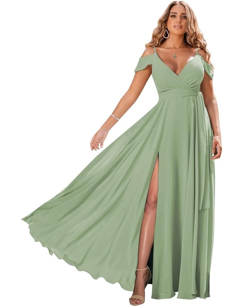 Women's Off Shoulder Long Bridesmaid Dresses Chiffon V Neck Formal Dress with Slit Wedding Party Gowns Sage Green $22.00 Dresses