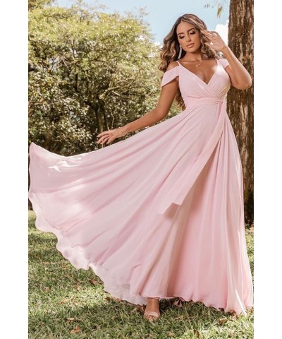 Women's Off Shoulder Long Bridesmaid Dresses Chiffon V Neck Formal Dress with Slit Wedding Party Gowns Sage Green $22.00 Dresses