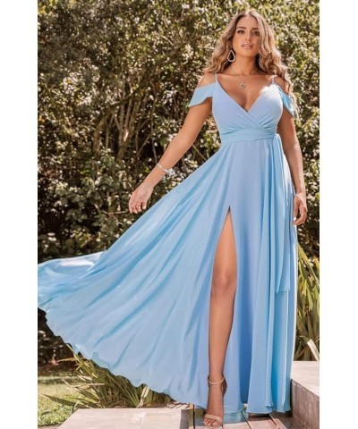 Women's Off Shoulder Long Bridesmaid Dresses Chiffon V Neck Formal Dress with Slit Wedding Party Gowns Sage Green $22.00 Dresses