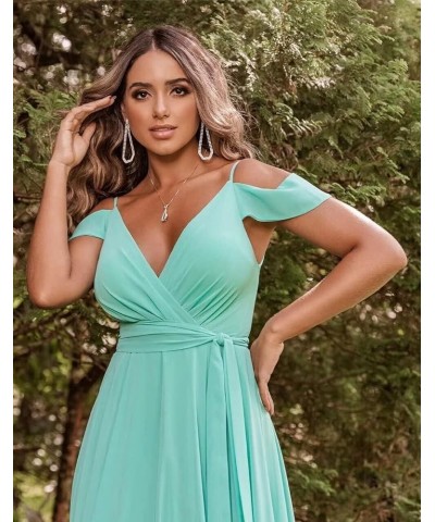 Women's Off Shoulder Long Bridesmaid Dresses Chiffon V Neck Formal Dress with Slit Wedding Party Gowns Sage Green $22.00 Dresses