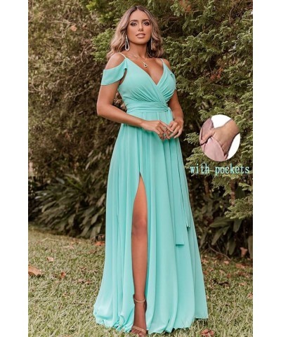 Women's Off Shoulder Long Bridesmaid Dresses Chiffon V Neck Formal Dress with Slit Wedding Party Gowns Sage Green $22.00 Dresses