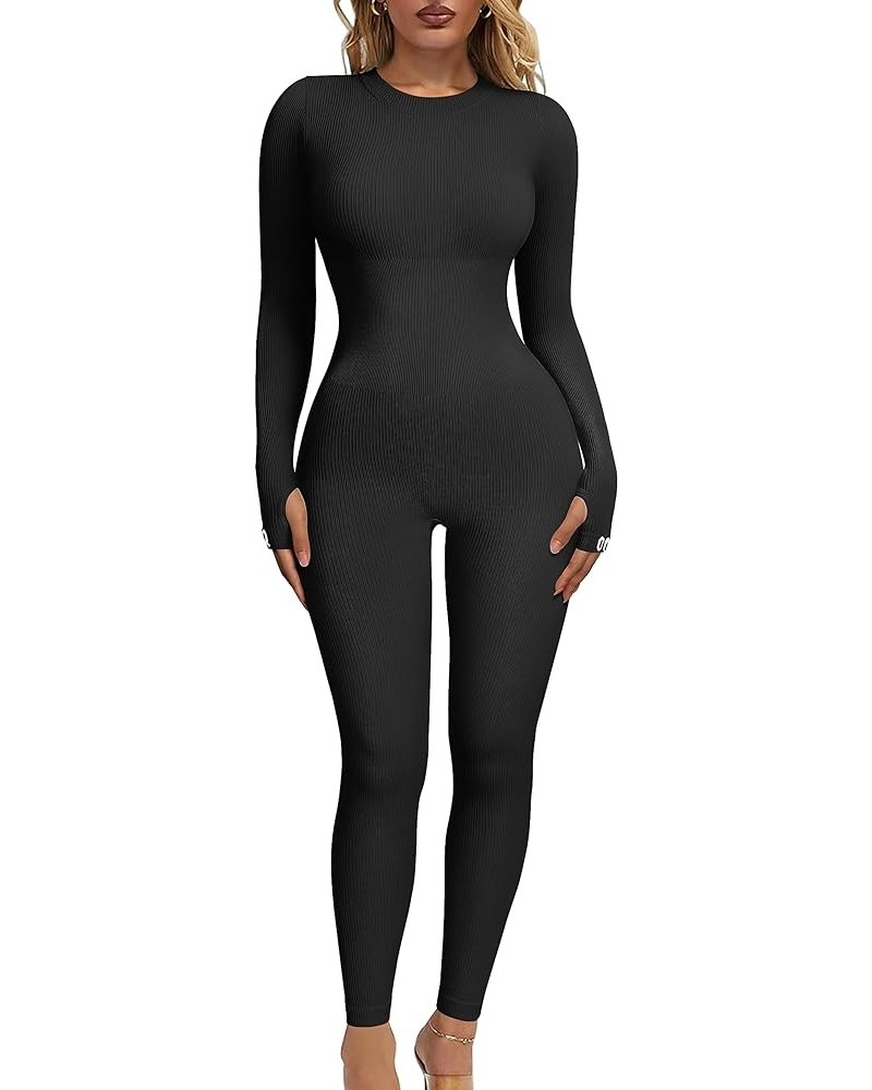 Women's Yoga Jumpsuits Ribbed Long Sleeve Crew Neck Tops Sport Jumpsuits Black $21.44 Jumpsuits