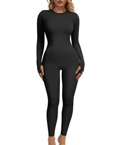 Women's Yoga Jumpsuits Ribbed Long Sleeve Crew Neck Tops Sport Jumpsuits Black $21.44 Jumpsuits