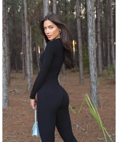 Women's Yoga Jumpsuits Ribbed Long Sleeve Crew Neck Tops Sport Jumpsuits Black $21.44 Jumpsuits