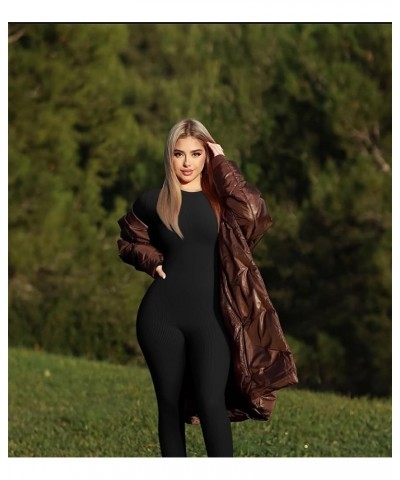 Women's Yoga Jumpsuits Ribbed Long Sleeve Crew Neck Tops Sport Jumpsuits Black $21.44 Jumpsuits