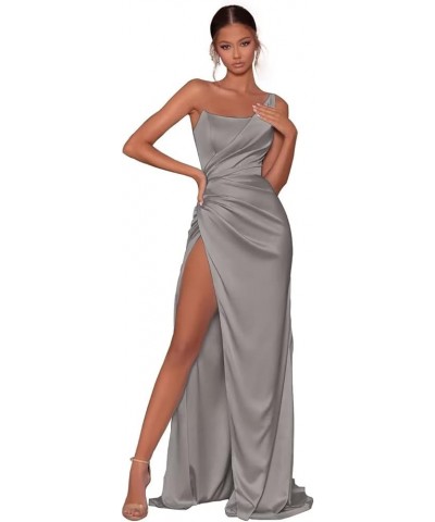 One Shoulder Stretch Satin Bridesmaid Dress with Split Cross Back Pleated Mermaid Prom Party Gowns for Wedding Guest Grey $26...