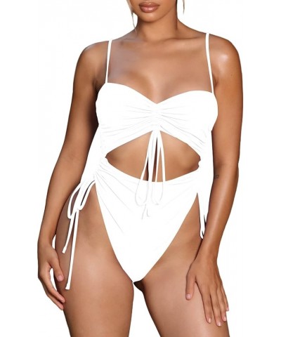 Women's Cut Out Drawstring One Piece Swimsuit Cheeky High Cut Bathing Suit White $14.70 Swimsuits