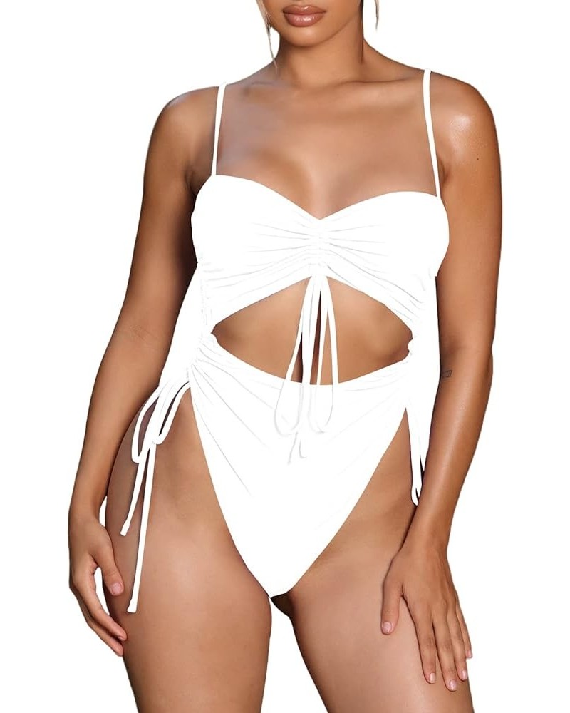 Women's Cut Out Drawstring One Piece Swimsuit Cheeky High Cut Bathing Suit White $14.70 Swimsuits