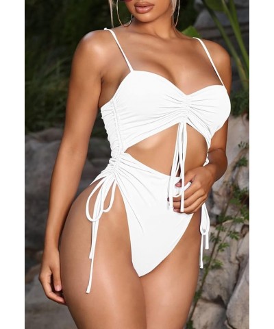 Women's Cut Out Drawstring One Piece Swimsuit Cheeky High Cut Bathing Suit White $14.70 Swimsuits