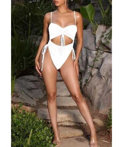 Women's Cut Out Drawstring One Piece Swimsuit Cheeky High Cut Bathing Suit White $14.70 Swimsuits