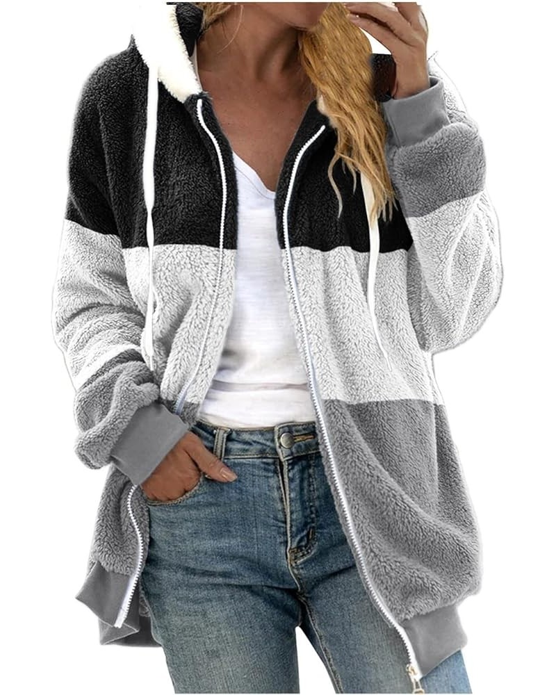 Women's Winter Coats Fuzzy Fleece Jacket Hooded Color Block Patchwork Cardigan Coats Outerwear with Pockets 04-light Gray $8....