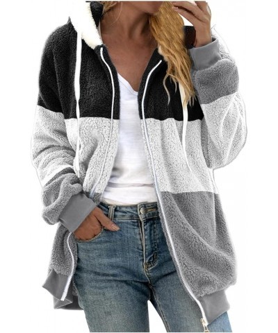 Women's Winter Coats Fuzzy Fleece Jacket Hooded Color Block Patchwork Cardigan Coats Outerwear with Pockets 04-light Gray $8....