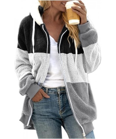 Women's Winter Coats Fuzzy Fleece Jacket Hooded Color Block Patchwork Cardigan Coats Outerwear with Pockets 04-light Gray $8....