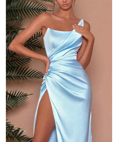 One Shoulder Stretch Satin Bridesmaid Dress with Split Cross Back Pleated Mermaid Prom Party Gowns for Wedding Guest Grey $26...