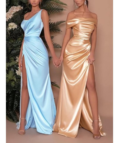 One Shoulder Stretch Satin Bridesmaid Dress with Split Cross Back Pleated Mermaid Prom Party Gowns for Wedding Guest Grey $26...