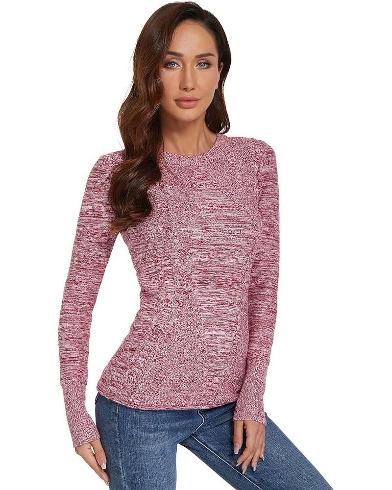 Women Cotton Blend Crewneck Long Sleeve Cable Knit Pullover Sweater Heather Red $17.02 Sweaters