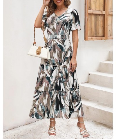 Womens 2024 Long Summer Dress Short Flutter Sleeve V Neck Casual Smocked Tiered Modest Floral Boho Maxi Dress Bh With Pockets...