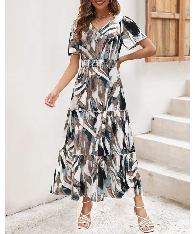 Womens 2024 Long Summer Dress Short Flutter Sleeve V Neck Casual Smocked Tiered Modest Floral Boho Maxi Dress Bh With Pockets...