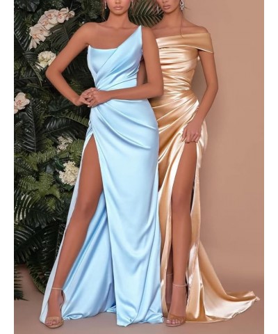 One Shoulder Stretch Satin Bridesmaid Dress with Split Cross Back Pleated Mermaid Prom Party Gowns for Wedding Guest Grey $26...