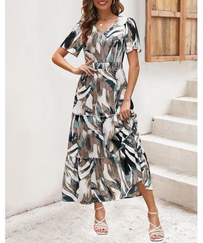 Womens 2024 Long Summer Dress Short Flutter Sleeve V Neck Casual Smocked Tiered Modest Floral Boho Maxi Dress Bh With Pockets...