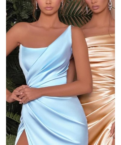 One Shoulder Stretch Satin Bridesmaid Dress with Split Cross Back Pleated Mermaid Prom Party Gowns for Wedding Guest Grey $26...