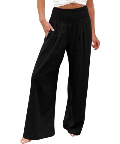 Wide Leg Pants Women Work, Womens Summer Beach Pants Loose Solid Trousers Elastic Flowy Lounge Pants with Pockets Black $9.55...