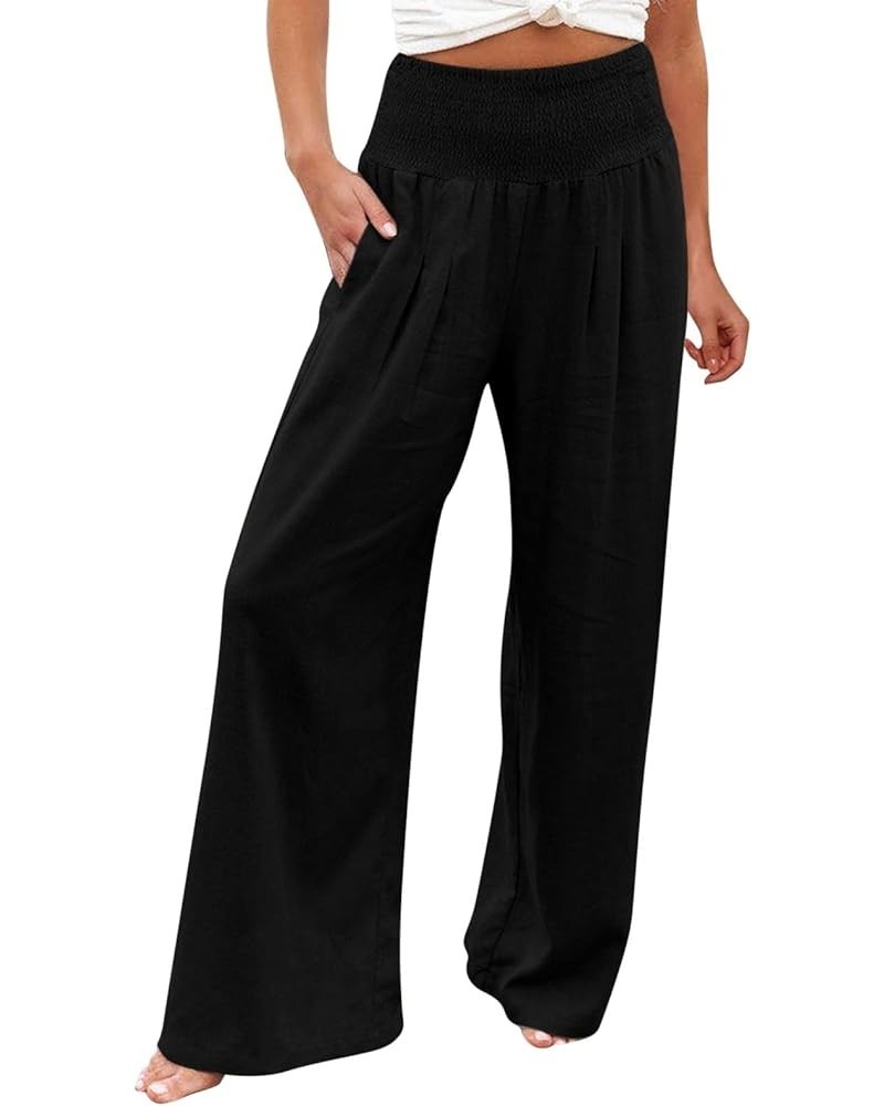 Wide Leg Pants Women Work, Womens Summer Beach Pants Loose Solid Trousers Elastic Flowy Lounge Pants with Pockets Black $9.55...