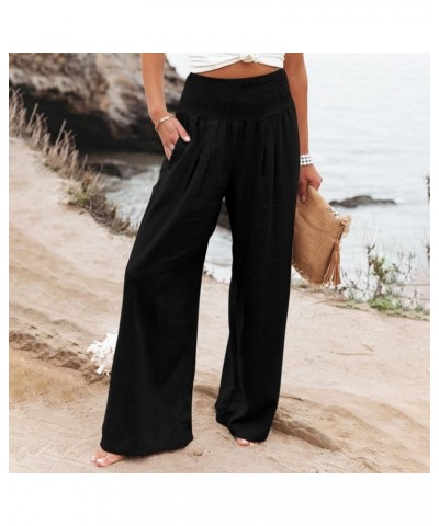 Wide Leg Pants Women Work, Womens Summer Beach Pants Loose Solid Trousers Elastic Flowy Lounge Pants with Pockets Black $9.55...