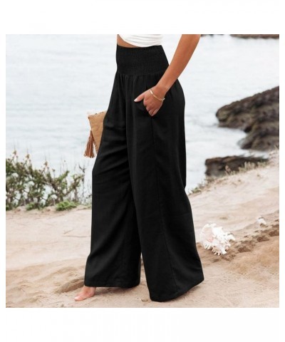 Wide Leg Pants Women Work, Womens Summer Beach Pants Loose Solid Trousers Elastic Flowy Lounge Pants with Pockets Black $9.55...