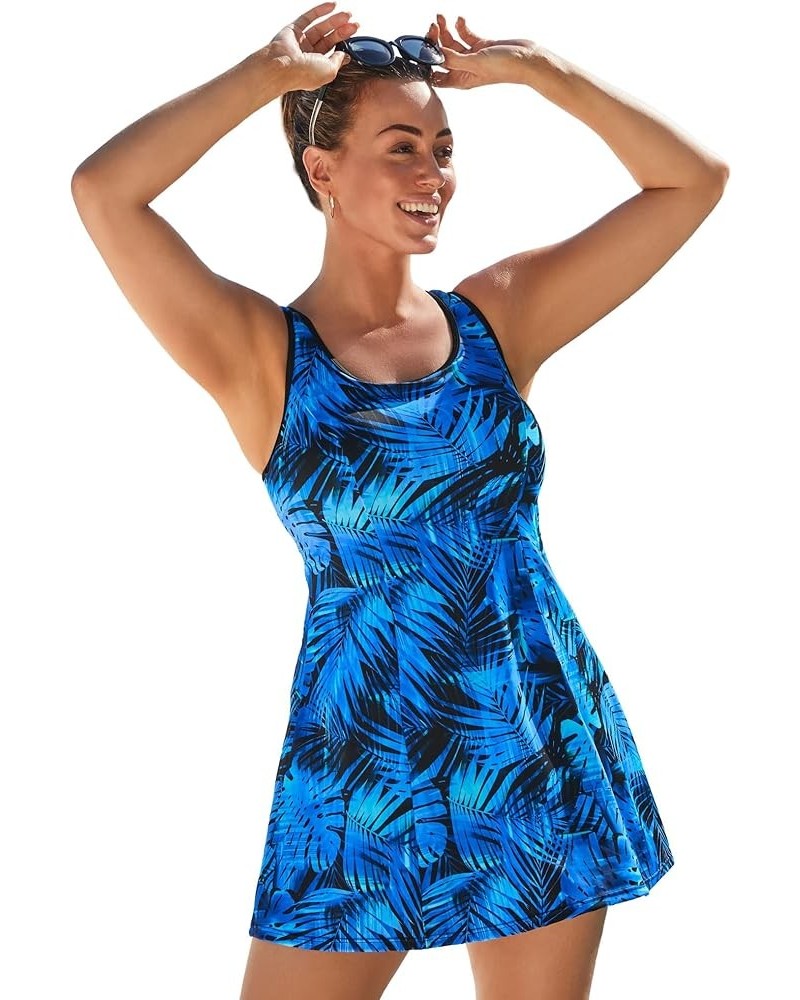 Women's Plus Size Chlorine Resistant Tank Swimdress Blue Electric Palm $30.80 Swimsuits