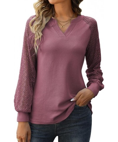 Long Sleeve Shirts for Women Casual Dressy Blouse Tops 2024 Spring Fashion T-Shirts Mauve Red - Lace Sleeve $11.25 Blouses