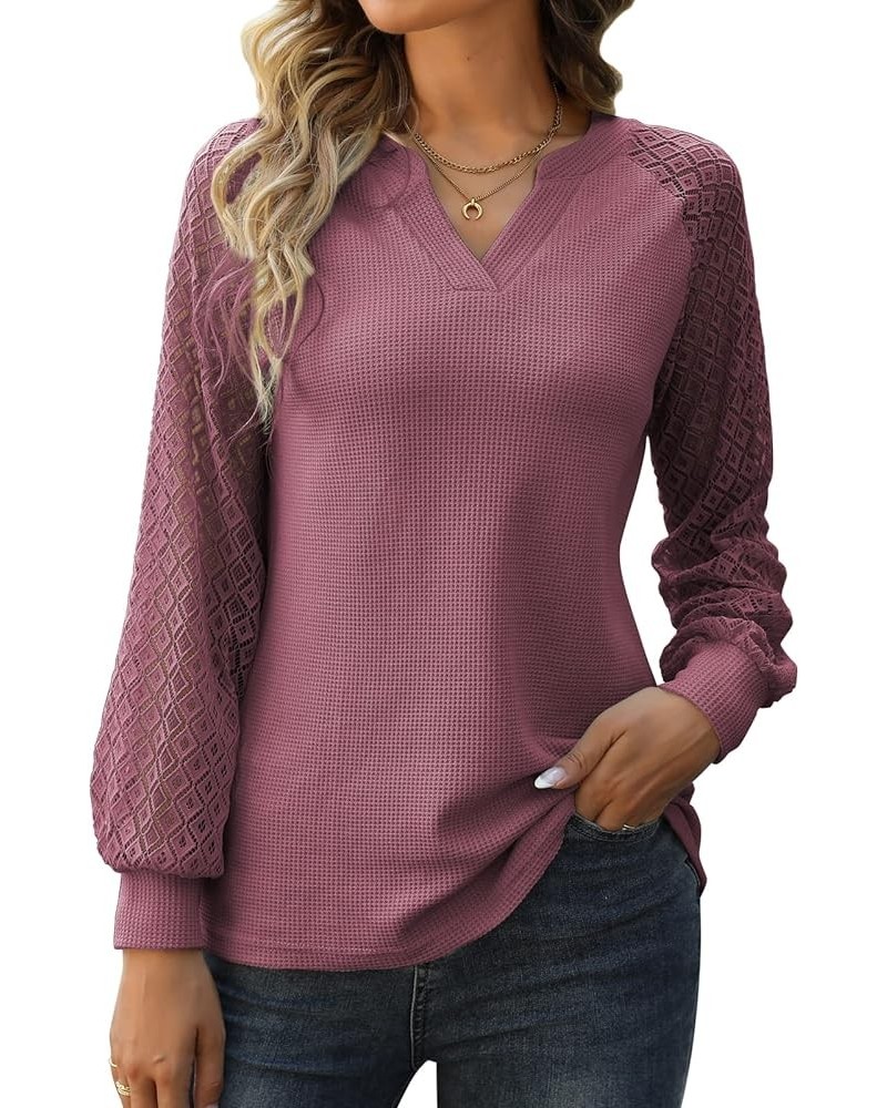 Long Sleeve Shirts for Women Casual Dressy Blouse Tops 2024 Spring Fashion T-Shirts Mauve Red - Lace Sleeve $11.25 Blouses