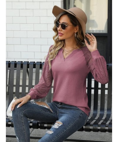 Long Sleeve Shirts for Women Casual Dressy Blouse Tops 2024 Spring Fashion T-Shirts Mauve Red - Lace Sleeve $11.25 Blouses