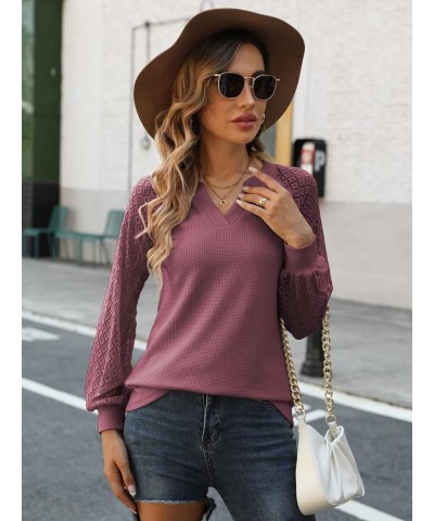 Long Sleeve Shirts for Women Casual Dressy Blouse Tops 2024 Spring Fashion T-Shirts Mauve Red - Lace Sleeve $11.25 Blouses