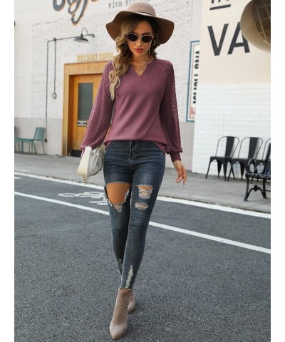 Long Sleeve Shirts for Women Casual Dressy Blouse Tops 2024 Spring Fashion T-Shirts Mauve Red - Lace Sleeve $11.25 Blouses