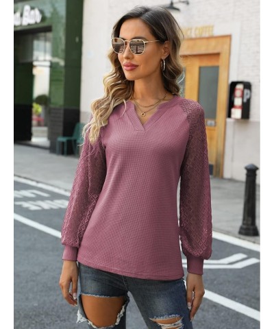 Long Sleeve Shirts for Women Casual Dressy Blouse Tops 2024 Spring Fashion T-Shirts Mauve Red - Lace Sleeve $11.25 Blouses