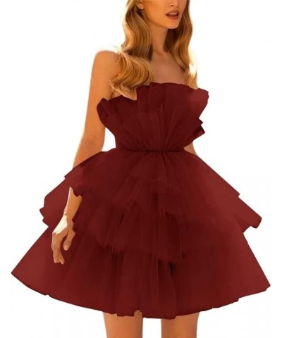 Strapless Homecoming Dresses for Teens Tiered Tulle Puffy Short Prom Dresses Ruffle Mini Party Gown Dark Red $34.50 Dresses